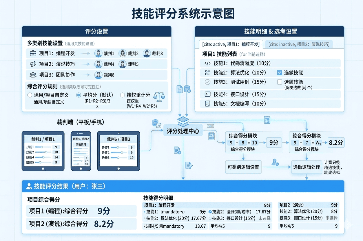技能评分系统示意图 - 智能打分与自动算分引擎